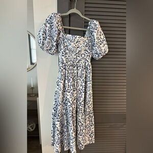 Abercrombie and Fitch Emerson Poplin Puff Sleeve Midi Dress Blue White Size XS